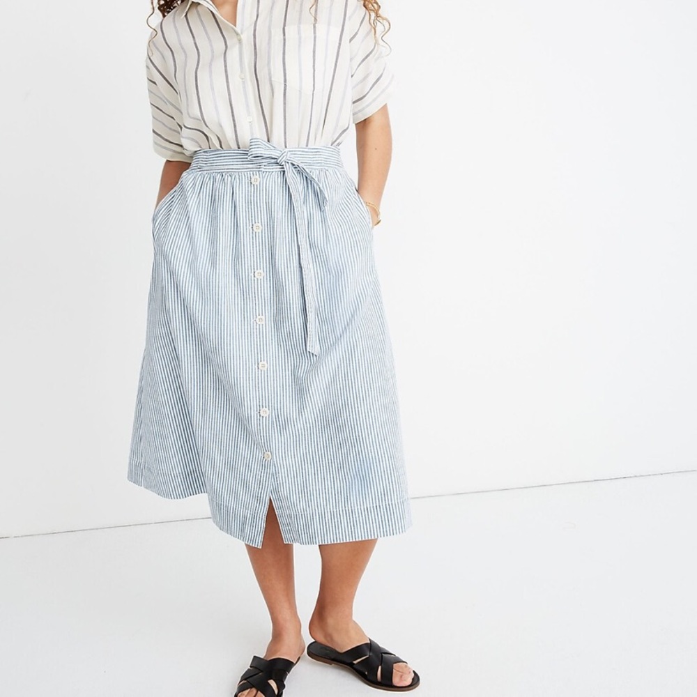 Madewell Tie Palisade Button-Front Midi Skirt in Pilar Stripe. Size 12